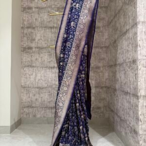 Handwoven blue shot colour shikargah deer saree